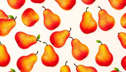 Vibrant, juicy pears repeat in a cheerful pattern against a soft, pale background,  food,  pale