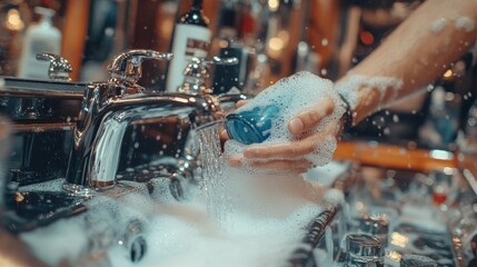 Barber Washing Tools in Sink with Foaming Soap