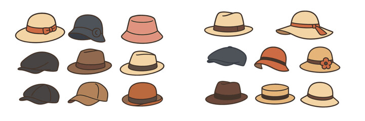 Variety of stylish hats displayed on white background for spring and summer fashion choices