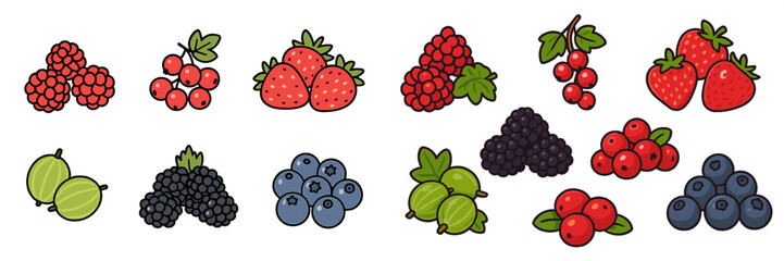 Colorful assortment of hand-drawn berries including strawberries, raspberries, and blueberries on a white background