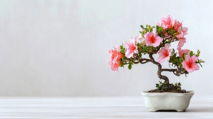 Miniature bonsai tree in bloom centered on a clean white tabletop background