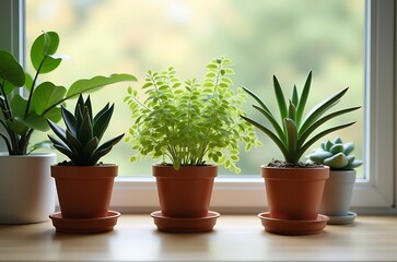 Bright sunlight aloe vera plants terracotta pots window view home decor ai generated