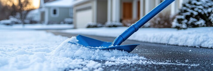 Blue snow shovel clearing a driveway after a snowfall.