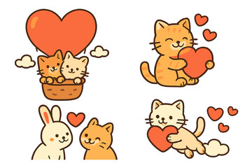 Cute cartoon animals expressing love with hearts in a cheerful setting