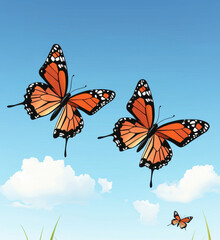 Naklejka premium Bright butterflies fluttering in clear blue sky, surrounded by soft clouds, creating serene and joyful atmosphere