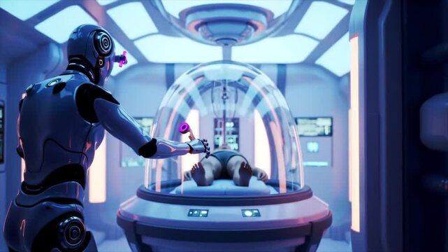 Futuristic Medical Robot in Cryo Bay of Space Station