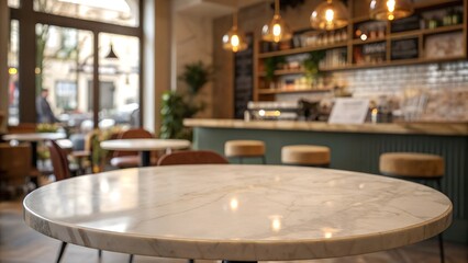 Round marble table top with cafe restaurant bokeh lights abstract background
