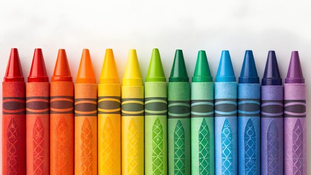 Vector illustration of a set of colorful crayons arranged in a row, isolated on a white background