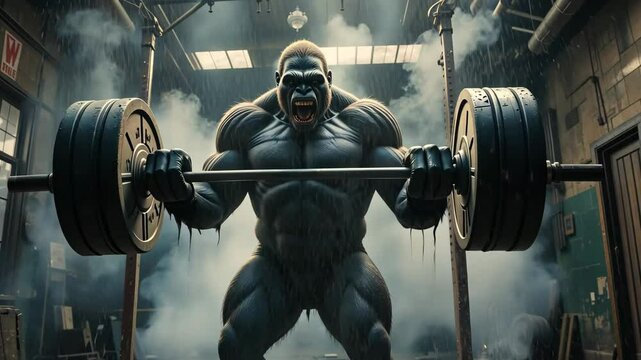 Powerful gorilla lifting heavy barbell inside industrial gym with intense light beams. Concept of strength and determination
