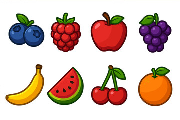 Colorful collection of fresh fruits including blueberries, raspberries, apples, grapes, bananas, watermelon, cherries, and orange