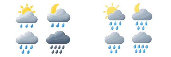 Weather icons depicting sunny and rainy conditions during different times of the day with varying cloud formations and precipitation levels