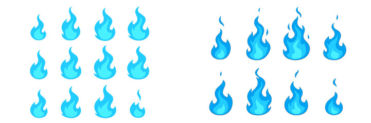 Colorful blue flame icons arranged in a grid for graphic design and digital art use