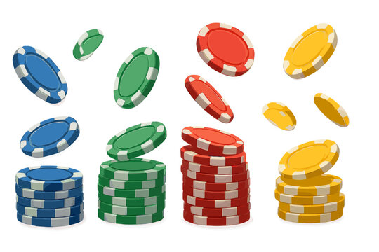 Colorful poker chips stacked in groups and scattered on a white background during a casual game night with friends