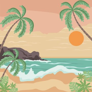 Hello Summer vibe beach stone in the sea palm tree vector sunset