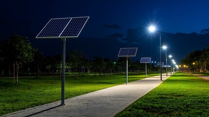 Nighttime park pathway illuminated by solar powered LED lights green lawns and trees