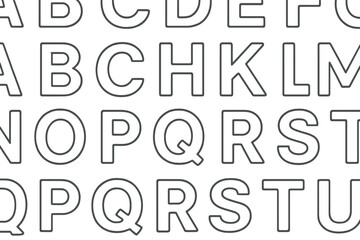 Bold outline letters arranged in a grid showcasing the English alphabet for educational purposes in a creative layout