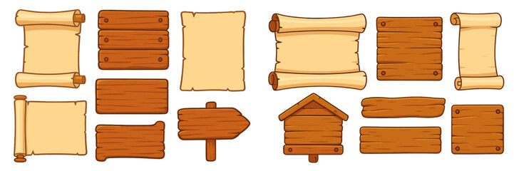 Various wooden and parchment signs arranged in a creative layout for versatile use in design projects and illustrations