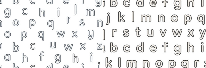 Alphabet letters arranged in a playful pattern for educational purposes separated by varying space at a bright background