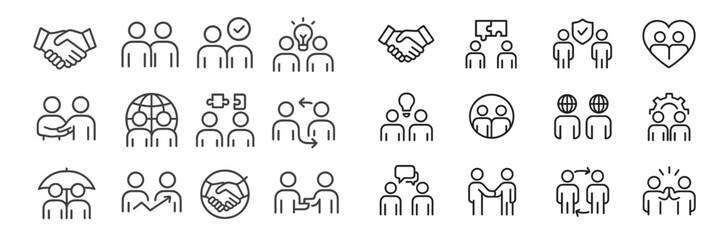 Variety of line icons representing communication, collaboration, and teamwork among people in various contexts