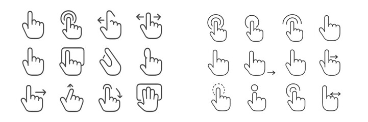 Collection of hand gesture icons illustrating touch interactions and navigation techniques for user interfaces