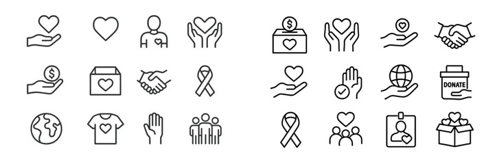 Various heart symbols and donation icons representing love, support, and community engagement for charitable causes