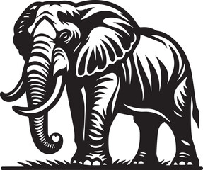Black and white tribal-style vector illustration of a standing elephant with decorative patterns, suitable for tattoos, logos, and wildlife-themed designs.