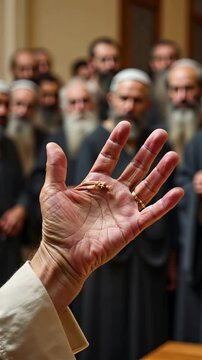 Jesus heals a man's withered hand in a synagogue, restoring the fingers and nails