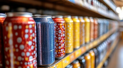 Colorful Beverage Cans on Store Shelf
