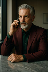 Mature businessman in maroon blazer talking on phone by the window