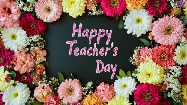 Happy Teacher's Day greeting card with colorful flowers