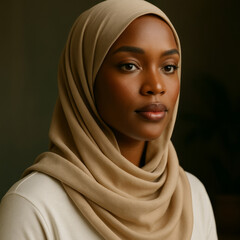 Serene portrait of a woman in beige hijab with soft window light background