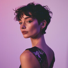 Stylish woman in sequined dress with short curly hair in purple lighting
