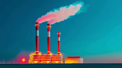 Obraz premium Illuminated Industrial Power Plant at Twilight Emitting Red and Pink Smoke