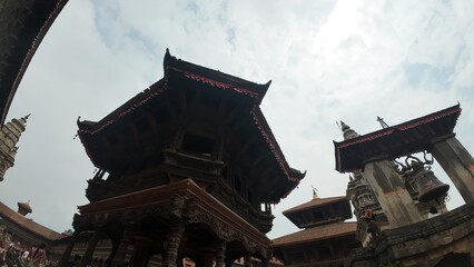 Upward View of Ancient Pagoda Temples at Patan Durbar Square, Kathmandu Valley &ndash; Historic Architecture

