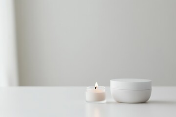 Simple scene of candle and cream jar on a white surface.