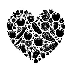 Heart shaped collage of black and white fruits and vegetables