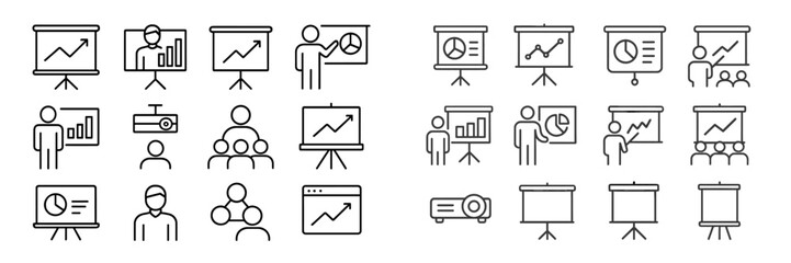 Obraz premium Various icons depicting business presentations, charts, graphs, and teamwork activities in a professional setting