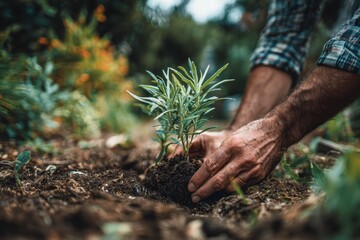 Gardener planting a young plant in loose soil surrounded by lush greenery during daylight hours