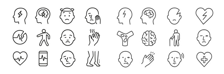 Collection of health and wellness icons depicting various physical and emotional states and activities within a simple design