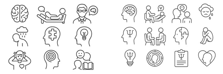 Illustrations of mental health concepts including therapy, emotions, and psychology in a simple line art style