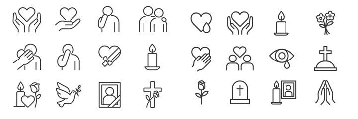 Collection of line art symbols representing love, remembrance, and spirituality in a minimalistic style