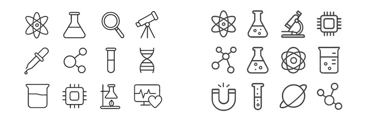 Collection of line art science icons featuring laboratory equipment and molecular structures for educational use