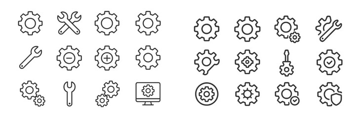 Set of outline icons representing tools and gears for mechanical and technical applications in a modern design style