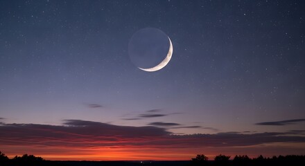 Crescent Moon over Colorful Sunset Sky Night Sky Photography