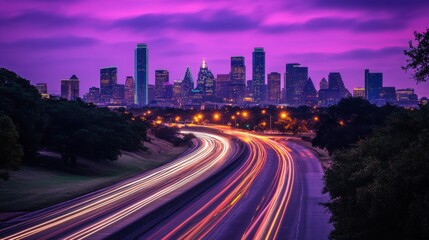 Obraz premium Vibrant Dallas Skyline Under a Colorful Evening Sky at Dusk