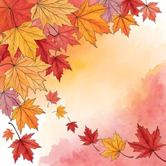 Autumn watercolor background with falling maple leaves