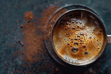 clear pixel image of A top-down view of a steaming hot cup of coffee.