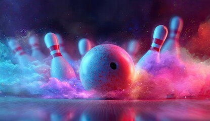 A bowling ball strikes pins amidst vibrant pink and blue smoke, creating a dynamic, energetic scene