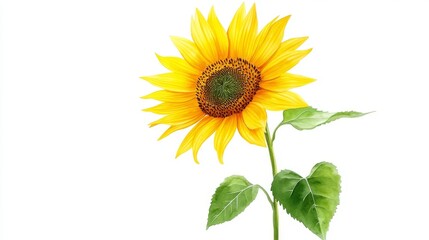 Fototapeta premium Botanical art illustration of a vibrant yellow flower, a sunflower with delicate petals and green leaves, painted in watercolor on a white background for a stunning visual effect