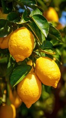 Lemon tree with ripe fruit hanging in a vibrant garden on a sunny day in late summer